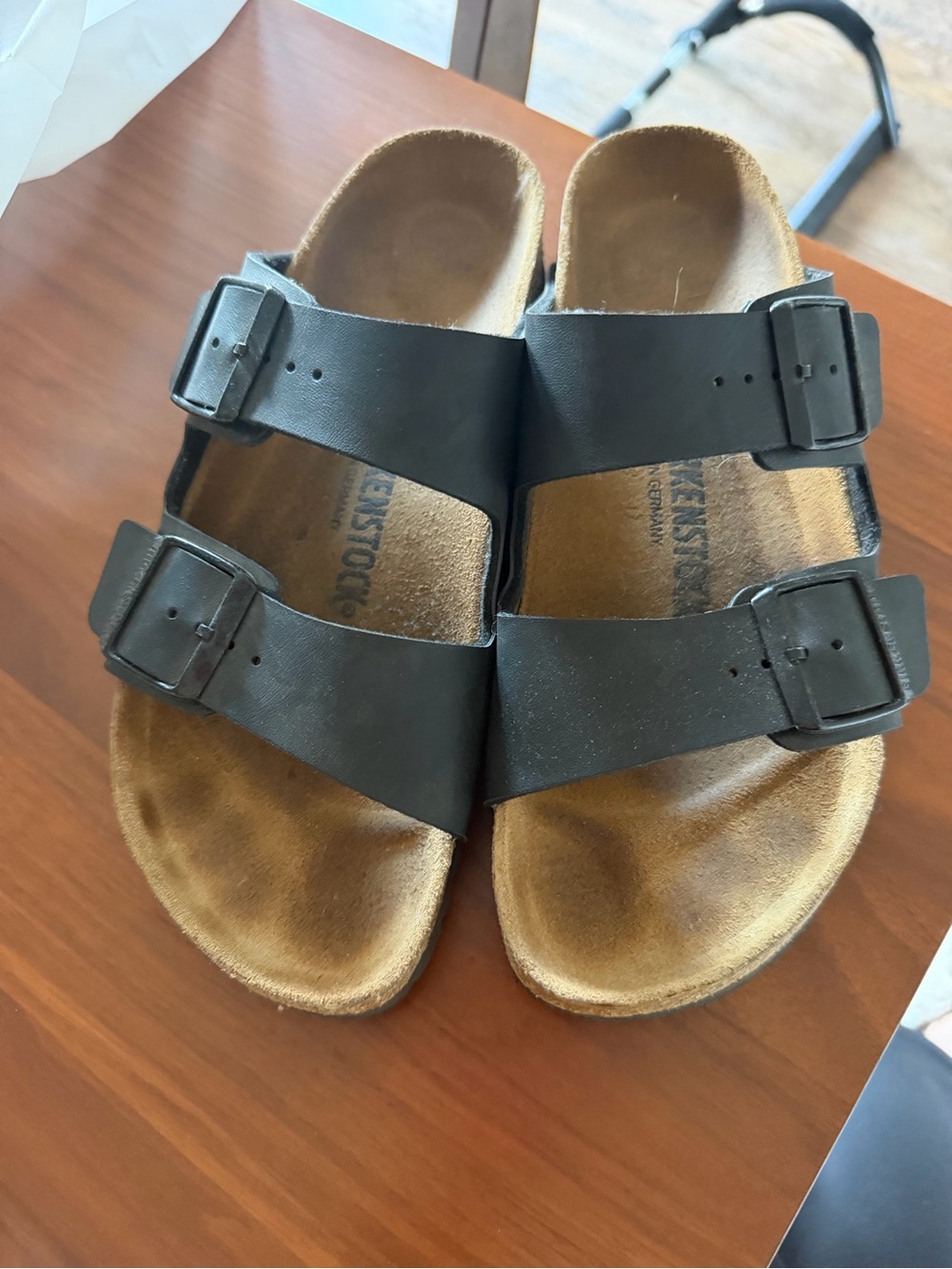 Birkenstock Black Two-Strap Sandals with Brown Footbed